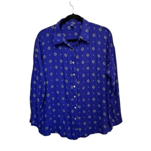 Free People Intimately S Button Down Shirt Top Blue Print Oversized Long Sleeve - Picture 1 of 6